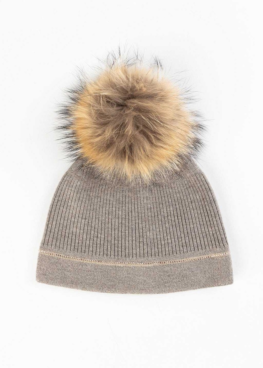 Accessories Mitchies | Knit Beanie With Fur Pom Taupe